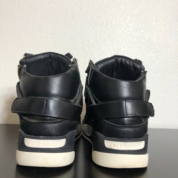 Versace Medusa High Top Sneakers – Black Leather Gold Hardware – Men’s Size 44 - Picture 3 of 14